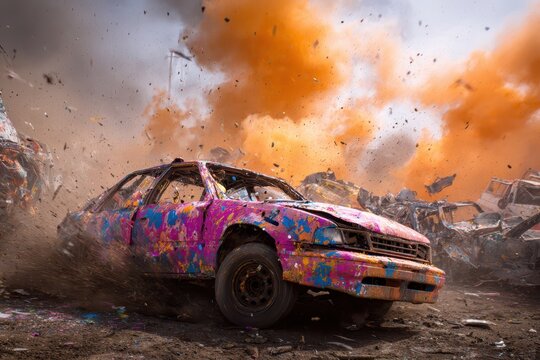 Vibrant Demolition Derby Showdown: Cars Smash and Crash in a Colorful Spray-Painted Arena