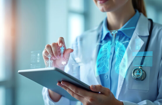 Doctor uses tablet, hologram tech. Woman in lab coat interacts with medical data. Analyzes human lungs, body scan for health care research in modern clinic. Future medicine innovation, digital