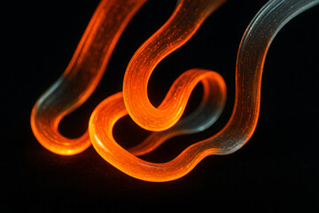 Fototapeta premium Glowing Orange Glass Like Abstract Light Trails On Black Background Neon Orange Curved Light Waves Motion Graphic