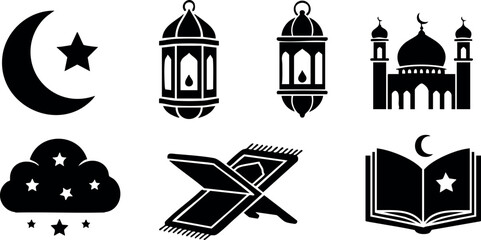 Fototapeta premium Islamic symbols crescent star mosque lantern prayer book and cloud in vector silhouette style for religious design and culture elements