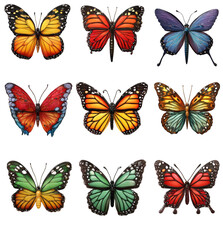 Obraz premium A beautiful collection of nine colorful butterflies isolated on a white background.