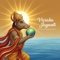 Hindu deity Varaha holding planet Earth with sun and ocean background boar