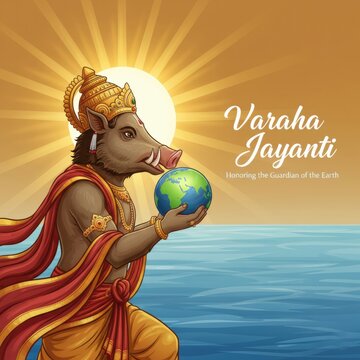 Hindu deity Varaha holding planet Earth with sun and ocean background boar