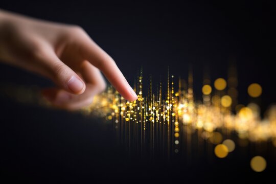 Hand reaching towards glowing digital interface with indigo hues, showcasing interaction with abstract data visualization and vibrant light patterns, emphasizing technology and innovation