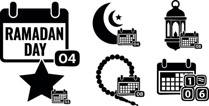 Ramadan Day calendar icons with crescent moon lantern prayer beads and date markers for Islamic religious observance vector illustration