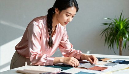 Female designer choosing from a colorful collection of fabric swatches. Professional tailor selecting textile samples in a sunlit studio. Creative work and material selection