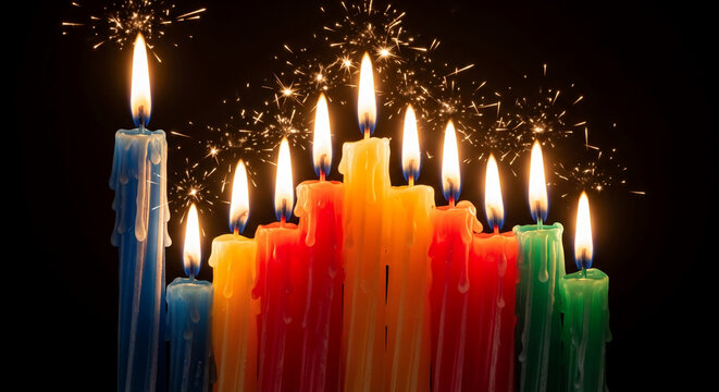 Burning candle of blue, yellow, red, green colors with melting wax on black background and sparkler symbolizing celebration, festivity and bright moment