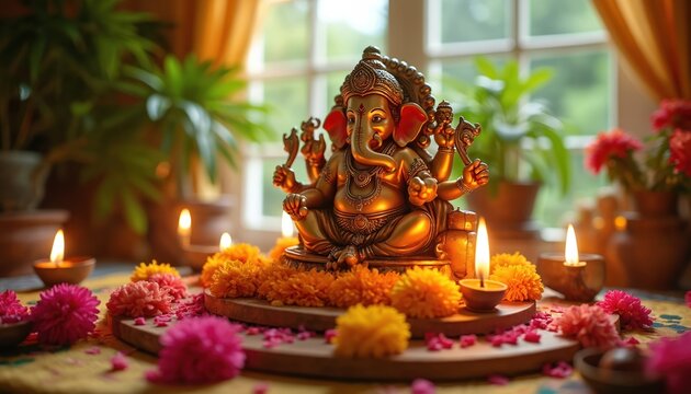 Golden Ganesha idol sits amid marigold flowers and diyas. Incense smoke curls upwards. Altar decorated with fresh blooms for religious ceremony. Hindu god representation.