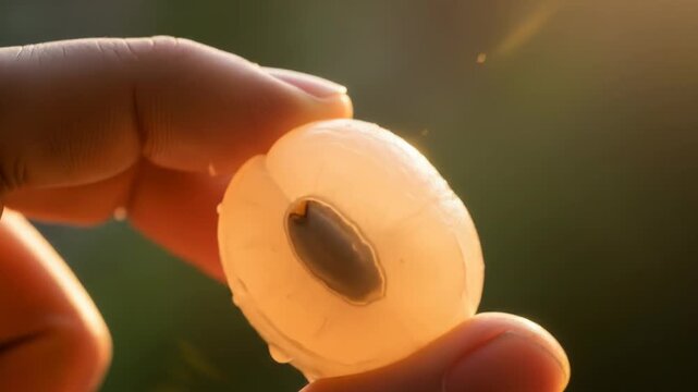 Hand Holding Fresh Longan Fruit, Close-up, Sunlight, Macro Shot