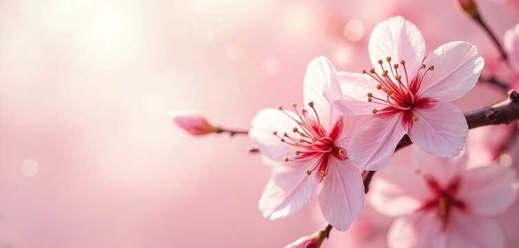 Soft focus pink cherry blossoms bloom in gentle light. Delicate petals and stamens hint at spring renewal and nature beauty. Ideal for Easter celebration themes and romantic designs.