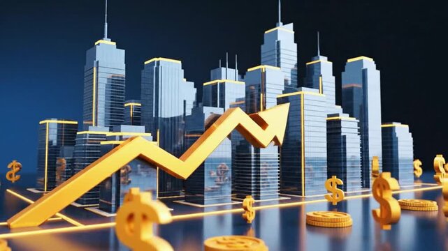 Modern city financial district with dollar signs and coins, representing investment opportunities and economic growth in a thriving urban environment, perfect for finance videos