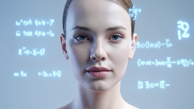 AI Brain: Woman's Face with Glowing Math Equations - Future Tech Concept