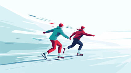 Obraz premium Winter ice skating illustration of people enjoying outdoor activity in snow landscape