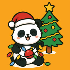 Cute cartoon christmas panda in santa hat, tangled in festive lights next to a decorated christmas tree