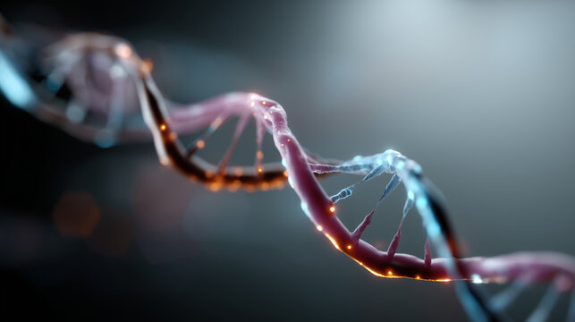 High-quality 4K conceptual image of a DNA double helix illuminated in vibrant blue, pink, and orange neon tones, symbolizing genetics, biotechnology, and molecular science. The twi