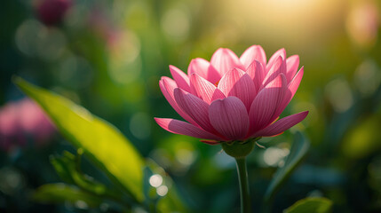 AI Generated  Bright Pink Cosmos Bloom Sun Flare on Foreground Leaf Lush Green Garden Dramatic Lighting