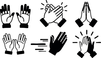 Set of black and white hand gestures with clapping and praying poses in vector style illustration