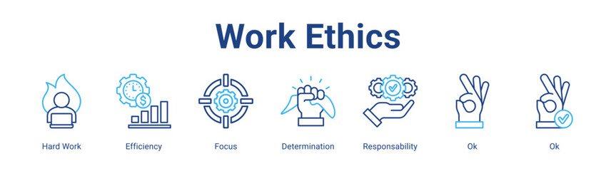 Fototapeta premium Work Ethics web icon vector illustration concept with icon of Hard Work, Efficiency, Focus, Determination, Responsability, Ok, Ok,in modern flat vector style.