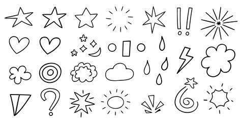Collection of hand drawn black outline doodle icons and symbols on white background
