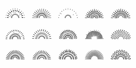 Collection of hand drawn semicircles and sunburst elements in black ink on white background