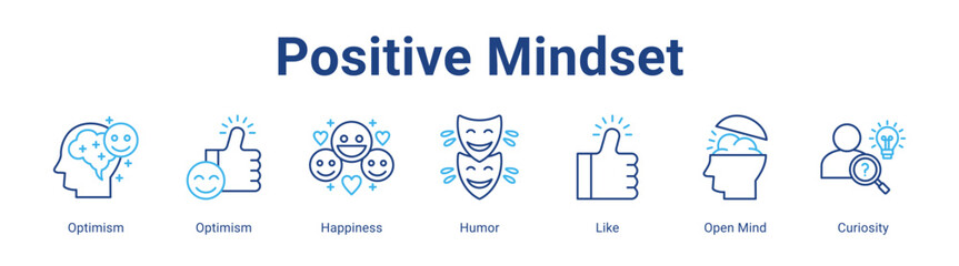 Positive Mindset web icon vector illustration concept with icon of Optimism, Optimism, Happiness, Humor, Like, Open Mind, Curiosity,in modern flat vector style.