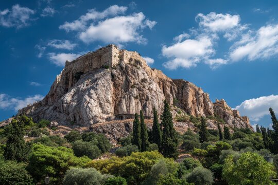 Summer Sky over the Areopagus: A Cloudless View of Athens' Historic Hill and Rock Formation