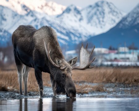 Majestic Alaskan Moose Visits Lake Hood in Anchorage for a Refreshing Drink