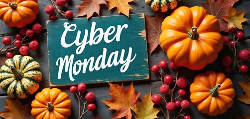 Cyber Monday sign with pumpkins, autumn leaves, and red berries. Festive fall decorations set on dark wood surface. Seasonal sale promotion concept for online shopping.