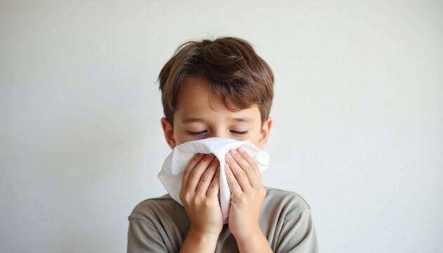 Young boy sneezes into white tissue paper. He covers his nose and mouth with the cloth. Sickness and allergies are common for children during flu season. - Powered by Adobe
