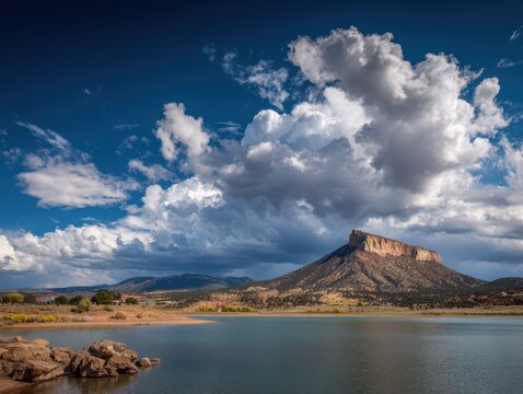 Serene View of Cerro Pedernal from Abiquiu Reservoir: Enchanting Landscape with Blue Skies and Reflective Lake Surrounded by Majestic Rocks and Mountains