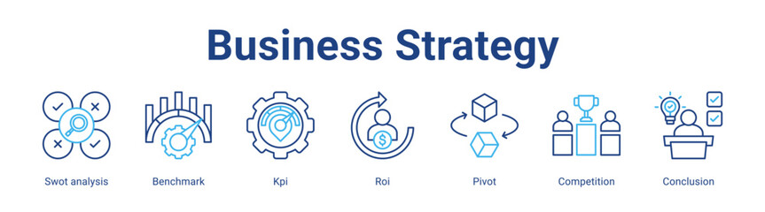 Business Strategy web icon vector illustration concept with icon of Swot analysis, Benchmark, Kpi, Roi, Pivot, Competition, Conclusion,in modern flat vector style.