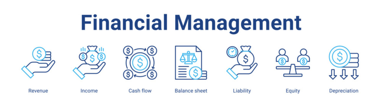 Financial Management web icon vector illustration concept with icon of Revenue, Income, Cash flow, Balance sheet, Liability, Equity, Depreciation,in modern flat vector style.