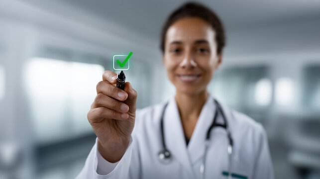 Close-up concept photo of a doctor or healthcare professional wearing a white medical coat and a stethoscope around the neck. The focus is on the doctorâs hand holding a black pen,