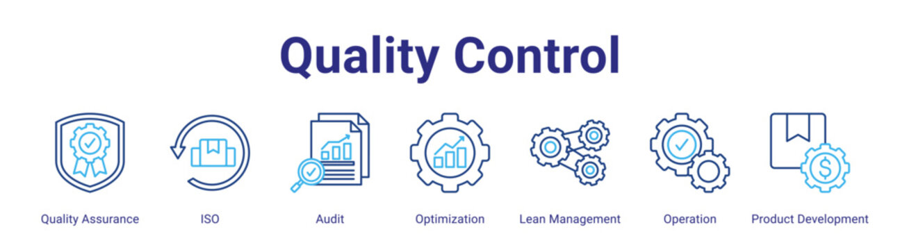 Quality Control web icon vector illustration concept with icon of Quality Assurance, ISO, Audit, Optimization, Lean Management, Operation, Product Development,in modern flat vector style.