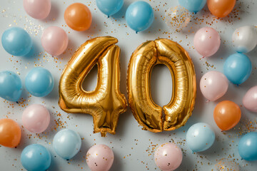 Festive celebration with golden number 40 balloons surrounded by pastel pink, blue, and orange balloons and sparkling confetti for milestone birthday party theme