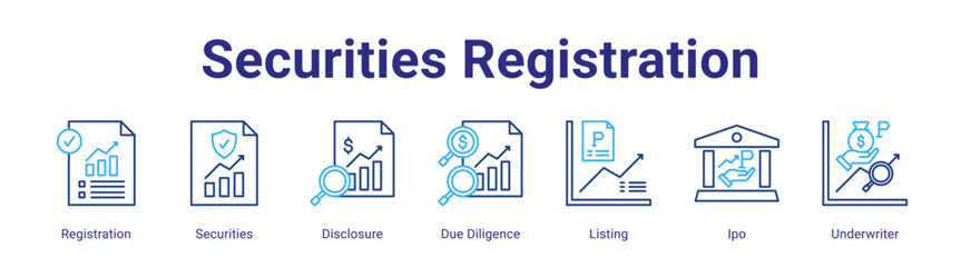 Securities Registration web icon vector illustration concept with icon of Registration,Securities,Disclosure,Due Diligence,Listing,Ipo,Underwriter,in modern flat vector style.