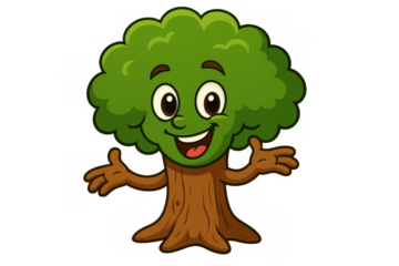 Smiling cartoon tree character with outstretched arms presenting or welcoming, environmental mascot for nature and ecology