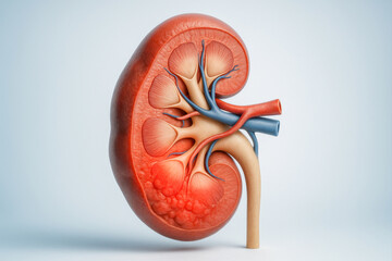 Naklejka premium 3D anatomical illustration of the human kidney showing renal arteries, veins, calyces, and pelvis, representing the urinary filtration system. 