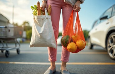 Woman carries reusable shopping bags with fresh food. She holds textile tote bag with and mesh bag with fruits in a supermarket parking lot. Client uses eco friendly bags for grocery purchase.