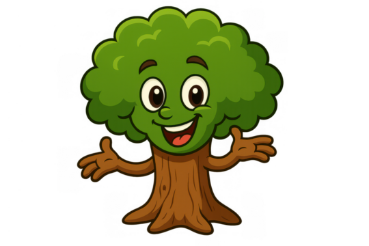 Smiling cartoon tree character with outstretched arms presenting or welcoming, environmental mascot for nature and ecology