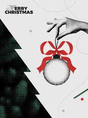 Trendy Halftone Collage Hand holds Christmas ball with red bow. Abstract xmas ornament decoration on thee. Happy New Year poster. Winter holidays. Contemporary vector illustration art