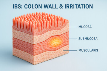 3D anatomical diagram of colon tissue showing mucosa, submucosa, and muscularis layers with visible irritation from irritable bowel syndrome.
