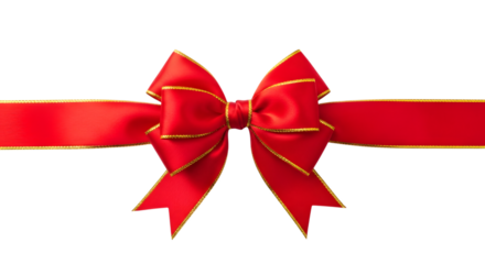 Bright red satin ribbon tied in a perfect bow with gold trim
