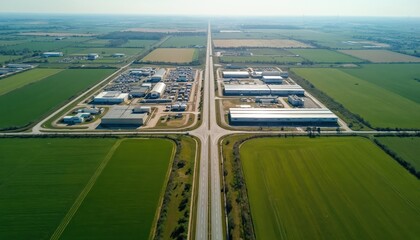 Aerial view of industrial park with factories bordering green farm fields. Highway road intersects rural landscape with business distribution center. This shows coexistence of industry, agriculture.