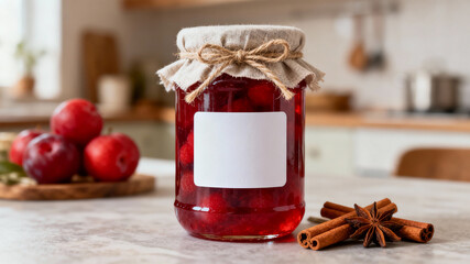 Pote de geleia de frutas vermelhas com tampa de pano, laço de juta e rótulo grande em branco, em mesa de cozinha elegante com ameixas, canela e anis, fundo desfocado e sofisticado.