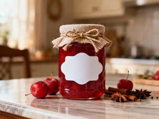 Pote de geleia de frutas vermelhas com tampa de pano e laço de juta, rótulo branco criativo, sobre mesa de cozinha, frutas e especiarias ao lado, fundo desfocado e aconchegante