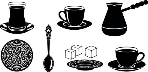 Turkish coffee set with traditional cup, cezve pot, spoon, sugar cubes, and plate vector illustration