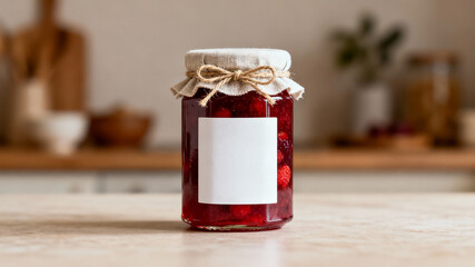 Pote de geleia de frutas vermelhas com tampa de tecido cru e laço de juta, rótulo branco centralizado, em mesa clara de cozinha com fundo desfocado, atmosfera charmosa e artesanal.