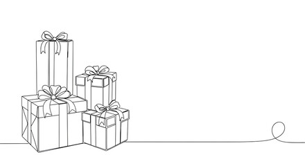 Minimalist line drawing of stacked gift boxes with bows