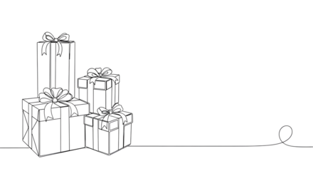 Minimalist line drawing of stacked gift boxes with bows